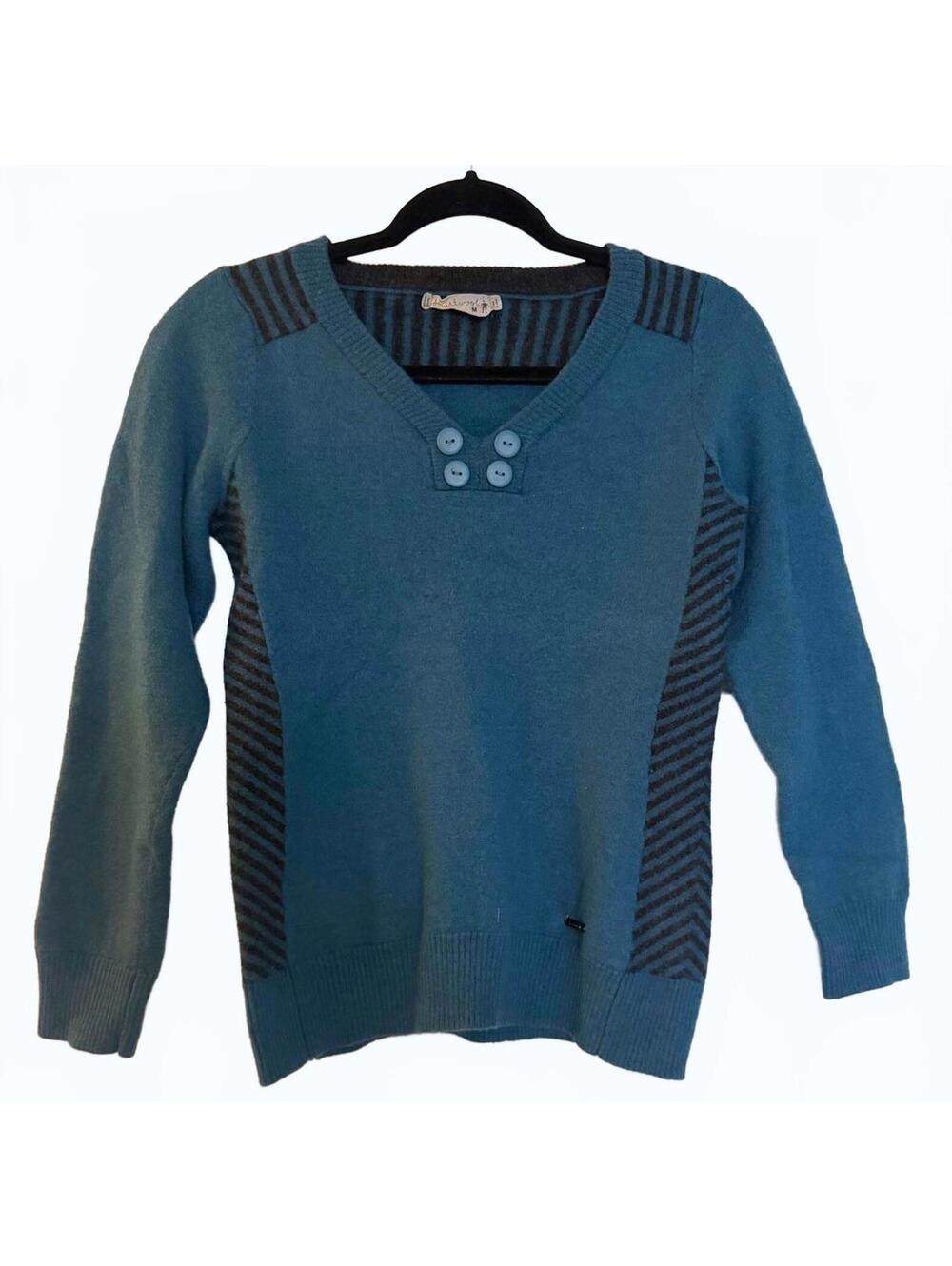 Smartwool Women's Merino Wool Striped V-Neck Sweater - Teal Blue Size M